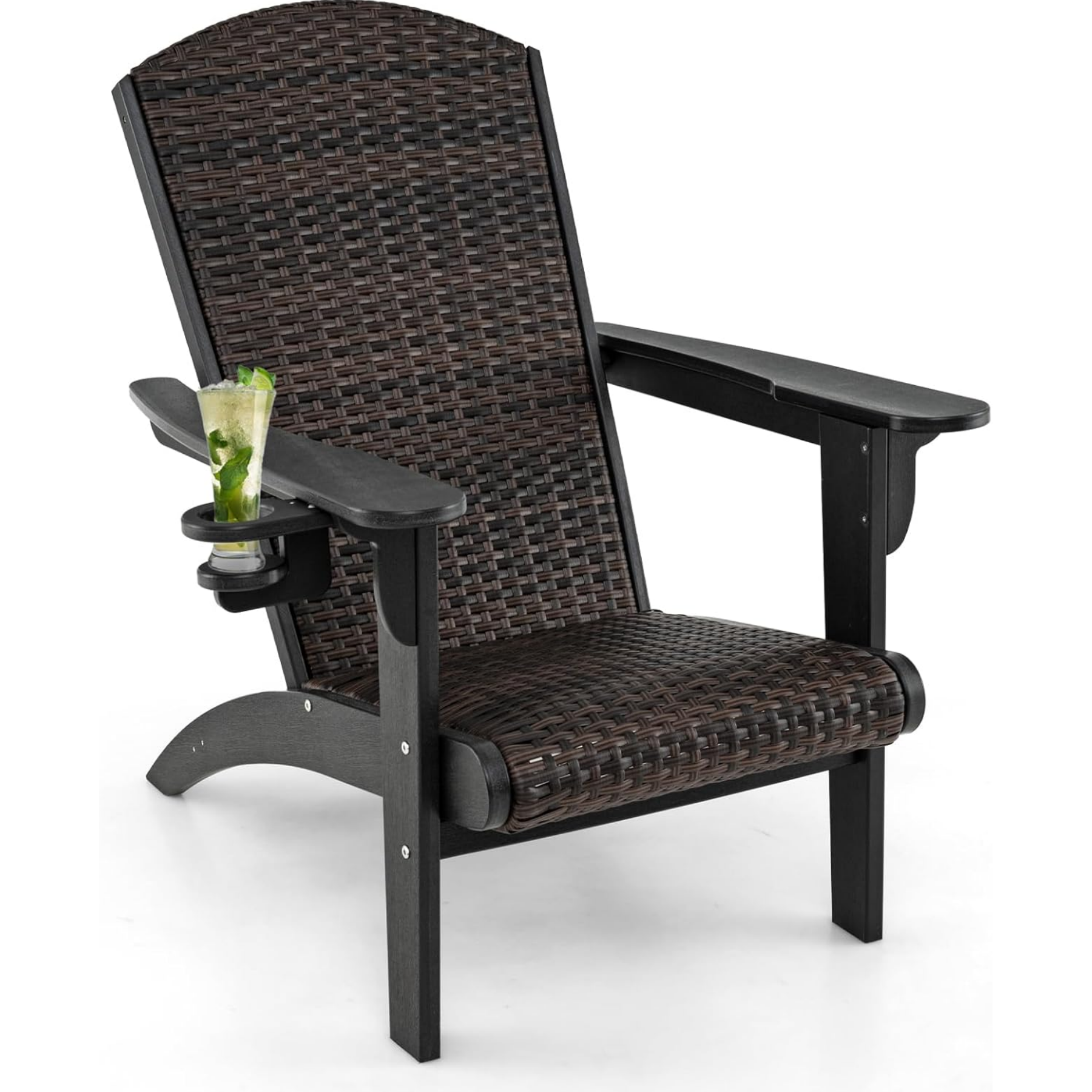 Tangkula Patio Wicker Adirondack Chair, HDPE Lounge Chair w/Rattan Padded Seat & Back